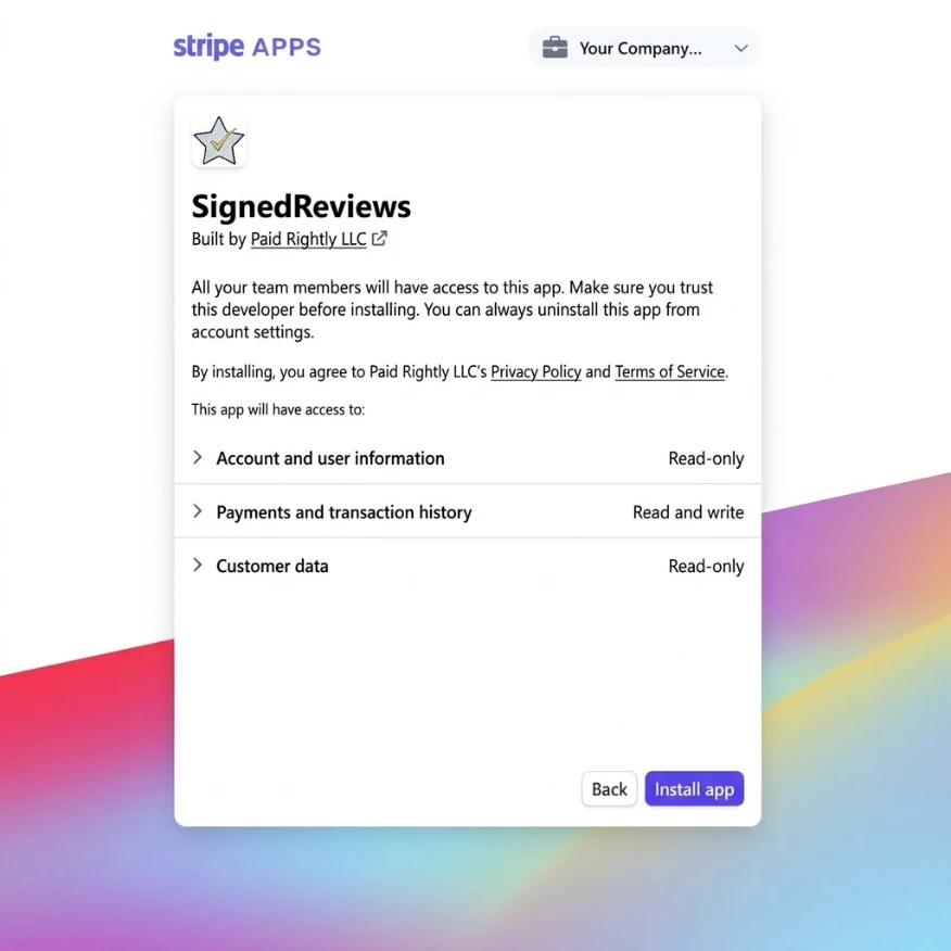 The SignedReviews install screen on the Stripe App Marketplace, listing what the app can access.