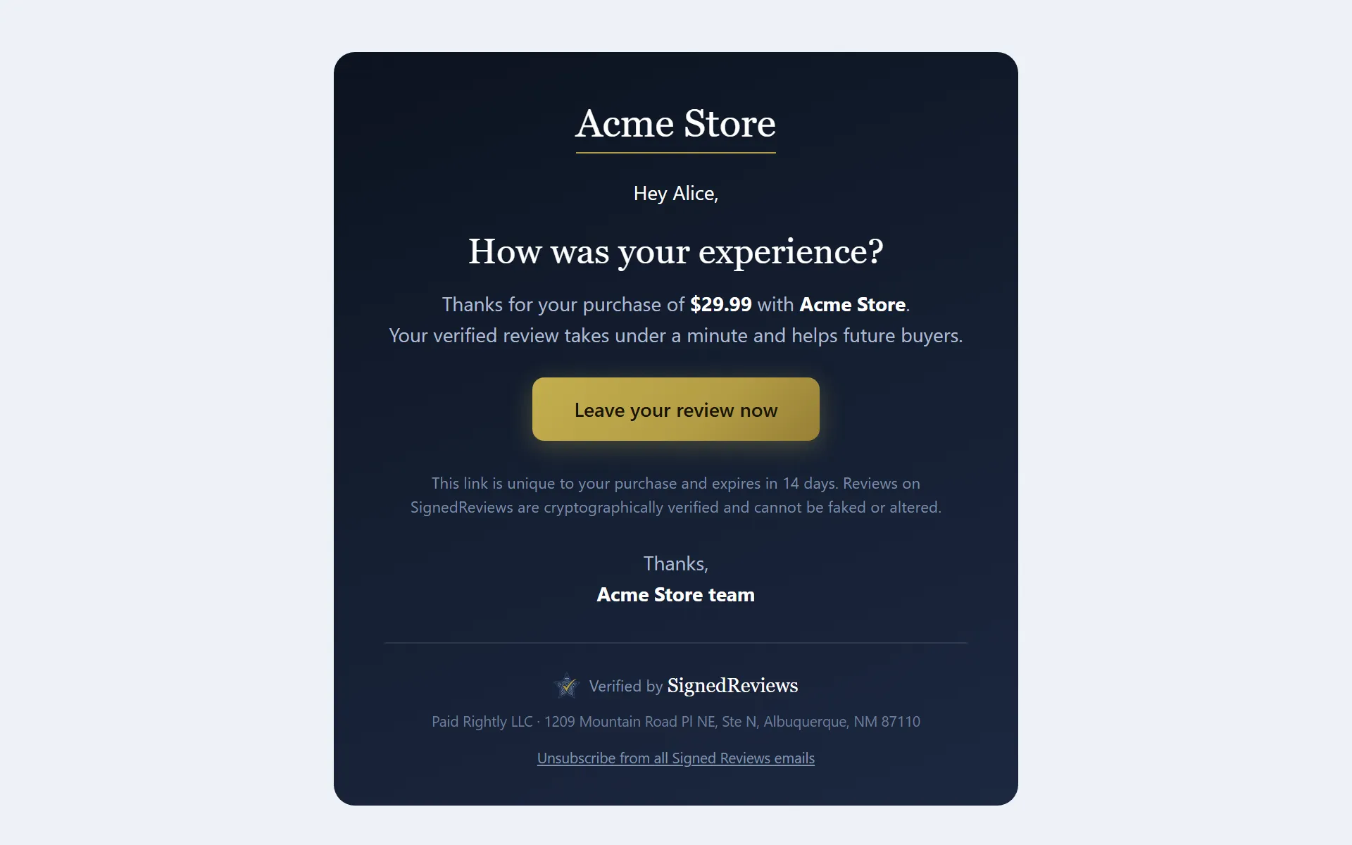 A review request email greeting the customer by name and showing the purchase amount, with a Leave your review now button.