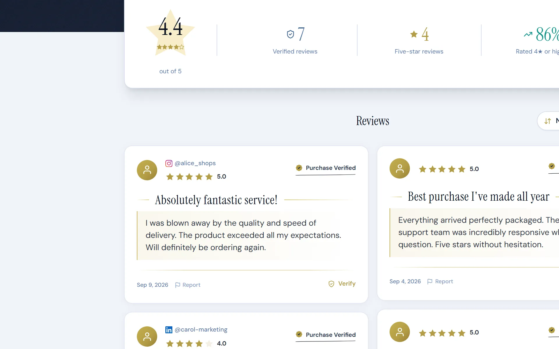 A public review page with an average rating, review count and review cards marked Purchase Verified.