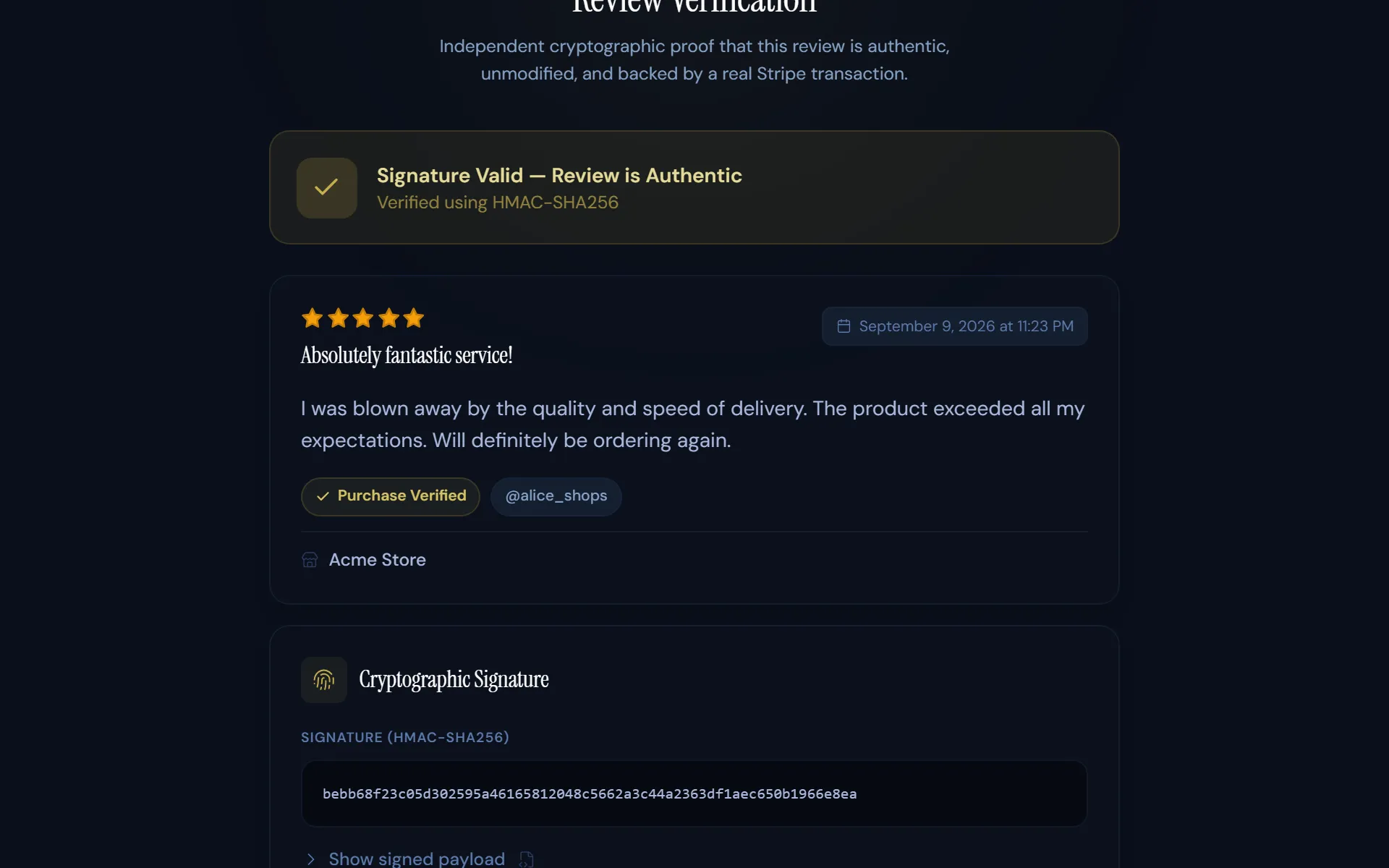 A review verification page showing Signature Valid, the review, and its HMAC-SHA256 signature.